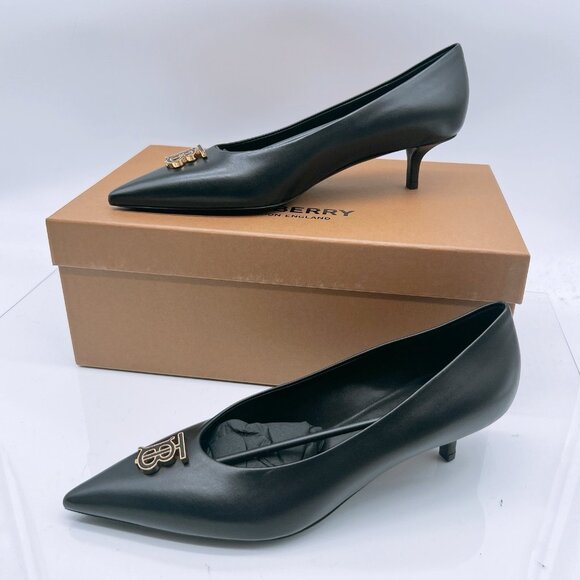 BURBERRY Women's EZRA 40 TB Pumps Low Heel Black Leather EU 39 US 9 - Picture 5 of 16